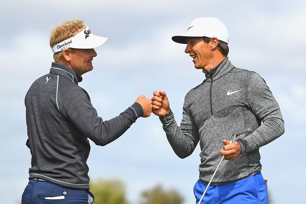 MELBOURNE, AUSTRALIA - NOVEMBER 26: Soren Kjeldsen and Thorbjorn Olesen of Denmark celebrate a birdie during day three of the World Cup of Golf at Kingston Heath Golf Club on November 26, 2016 in Melbourne, Australia.  (Photo by Quinn Rooney/Getty Images)