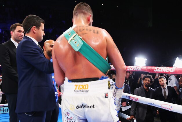 LIVERPOOL, ENGLAND - OCTOBER 15:  Tony Bellew of England talks to heavyweight boxer David Haye after winning in the WBC Cruiserweight Championship match during Boxing at Echo Arena on October 15, 2016 in Liverpool, England.  (Photo by Alex Livesey/Getty Images)