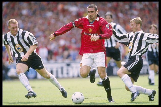11 Aug 1996:  Eric Cantona of Manchester United (centre) Is challenged by David Batty of Newcastle United (left) as his teammate Steve Watson looks on (right) during the FA Charity Shield between Manchester United and Newcastle United at Wembley Stadiumin London. Manchester went on to defeat Newcastle by 4-0. Mandatory Credit: Shaun Botterill/Allsport UK