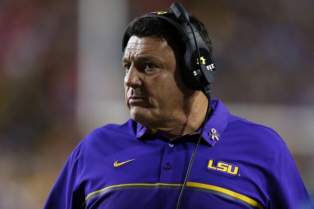 BATON ROUGE, LA - OCTOBER 22:  Head coach Ed Orgeron of the LSU Tigers reacts during a game against the Mississippi Rebels at Tiger Stadium on October 22, 2016 in Baton Rouge, Louisiana.  (Photo by Jonathan Bachman/Getty Images)