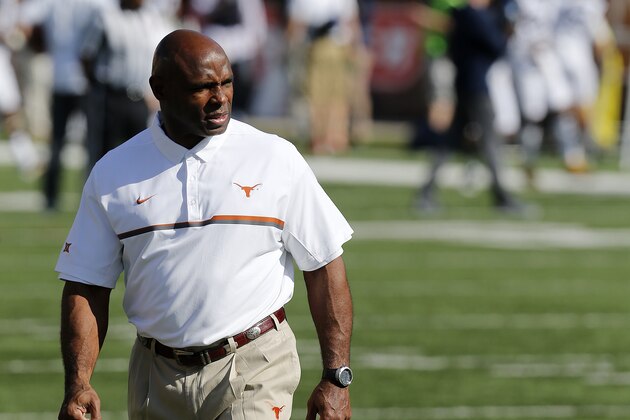AUSTIN, TX - NOVEMBER 12: Head coach Charlie Strong of the Texas Longhorns watches as his team warms-up before the game against the West Virginia Mountaineers at Darrell K Royal -Texas Memorial Stadium on November 12, 2016 in Austin, Texas. (Photo by Chris Covatta/Getty Images)