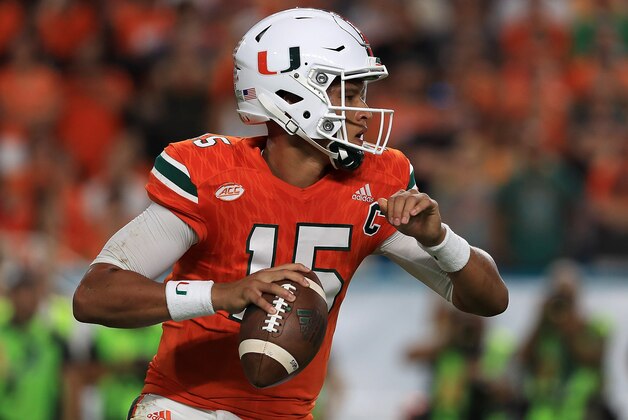 MIAMI GARDENS, FL - OCTOBER 08:  Brad Kaaya #15 of the Miami Hurricanes passes during a game against the Florida State Seminoles at Hard Rock Stadium on October 8, 2016 in Miami Gardens, Florida.  (Photo by Mike Ehrmann/Getty Images)