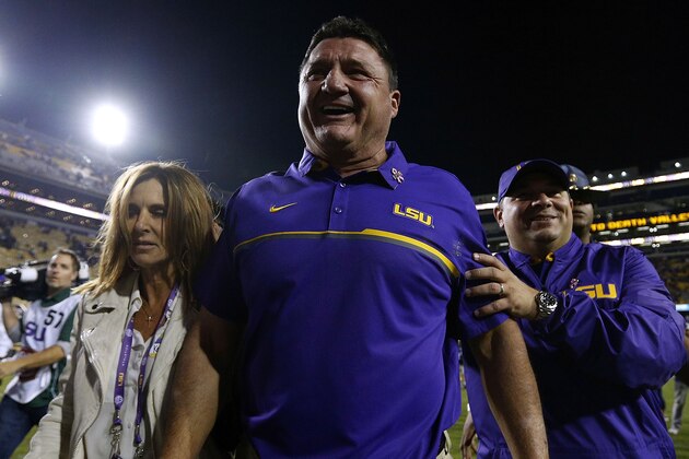 BATON ROUGE, LA - OCTOBER 22:  Head coach Ed Orgeron of the LSU Tigers celebrates after a game against the Mississippi Rebels at Tiger Stadium on October 22, 2016 in Baton Rouge, Louisiana. LSU won 38-21.  (Photo by Jonathan Bachman/Getty Images)