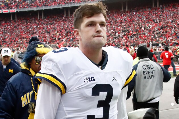 COLUMBUS, OH - NOVEMBER 26:   Wilton Speight #3 of the Michigan Wolverines leaves the field after the loss to the Ohio State Buckeyes at Ohio Stadium on November 26, 2016 in Columbus, Ohio.  (Photo by Gregory Shamus/Getty Images)