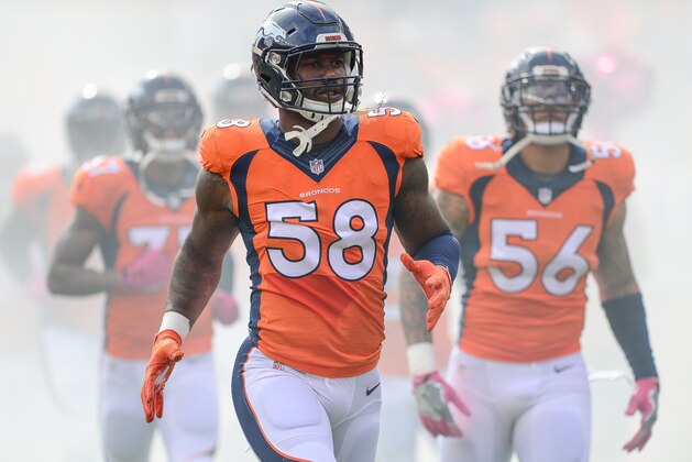 DENVER, CO - OCTOBER 9:  Outside linebacker Von Miller #58 of the Denver Broncos runs onto the field during player introductions before a game against the Atlanta Falcons at Sports Authority Field at Mile High on October 9, 2016 in Denver, Colorado. (Photo by Dustin Bradford/Getty Images)