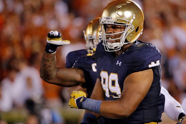 SOUTH BEND, IN - SEPTEMBER 05: Jerry Tillery #99 of the Notre Dame Fighting Irish celebrates after making a tackle against the Texas Longhorns during the second quarter at Notre Dame Stadium on September 5, 2015 in South Bend, Indiana.  (Photo by Jon Durr/Getty Images)