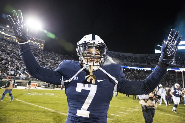 UNIVERSITY PARK, PA - NOVEMBER 26:  Koa Farmer #7 of the Penn State Nittany Lions celebrates after the game against the Michigan State Spartans on November 26, 2016 at Beaver Stadium in University Park, Pennsylvania. Penn State defeats Michigan State 45-12 clinching Big Ten East Division Champions.  (Photo by Brett Carlsen/Getty Images)