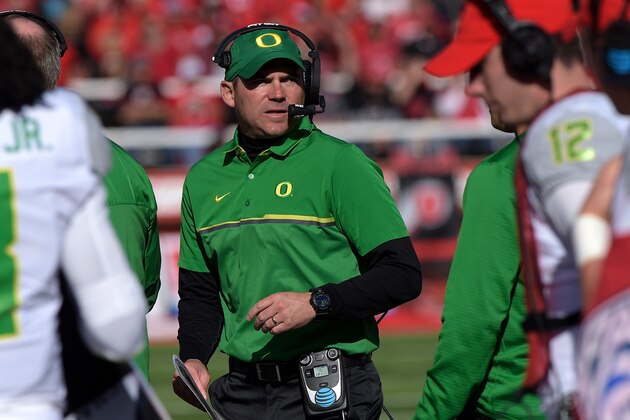 SALT LAKE CITY, UT - NOVEMBER 19: Head coach Mark Helfrich of the Oregon Ducks looks on in the first half of their game against the Utah Utes at Rice-Eccles Stadium on November 19, 2016 in Salt Lake City, Utah. (Photo by Gene Sweeney Jr/Getty Images)