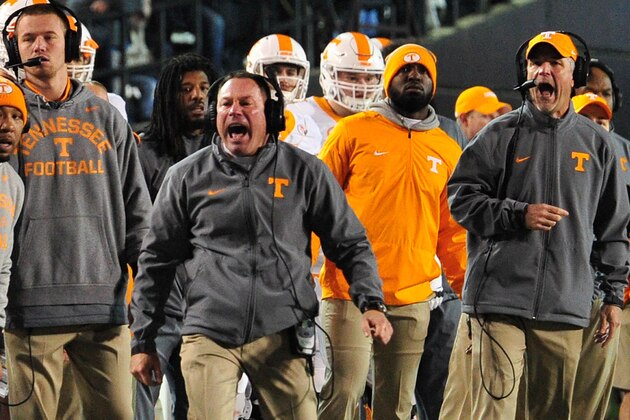 NASHVILLE, TN - NOVEMBER 26:  Head coach Butch Jones yells during the second half of a game against the Vanderbilt Commodores at Vanderbilt Stadium on November 26, 2016 in Nashville, Tennessee. Vanderbilt defeated Tennessee 45-34.  (Photo by Frederick Breedon/Getty Images)