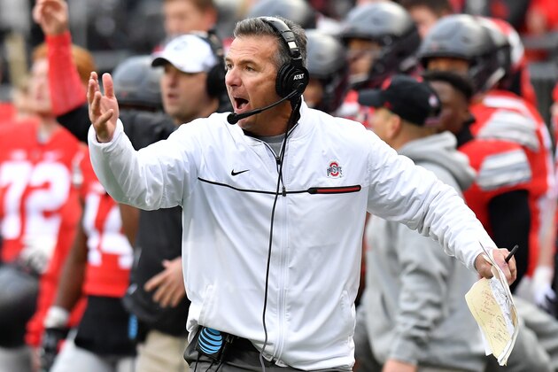 COLUMBUS, OH - NOVEMBER 26:   Head coach Urban Meyer of the Ohio State Buckeyes reacts on the sideline during overtime of the game against the Michigan Wolverines at Ohio Stadium on November 26, 2016 in Columbus, Ohio.  (Photo by Jamie Sabau/Getty Images)
