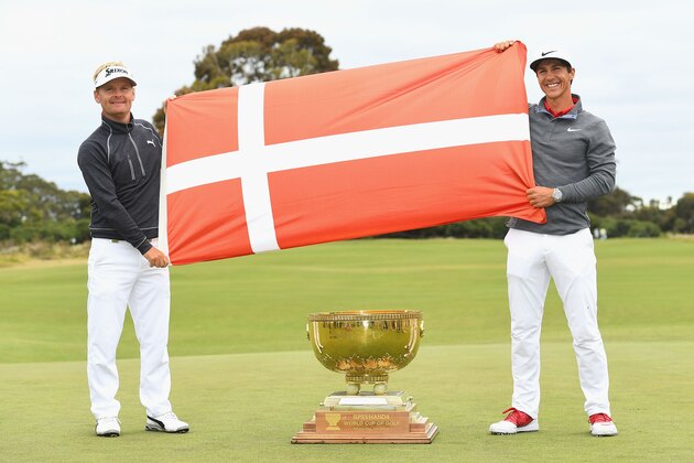 MELBOURNE, AUSTRALIA - NOVEMBER 27:  Soren Kjeldsen and Thorbjorn Olesen of Denmark pose with the trophy after winning the tournament  during day four of the World Cup of Golf at Kingston Heath Golf Club on November 27, 2016 in Melbourne, Australia.  (Photo by Quinn Rooney/Getty Images)