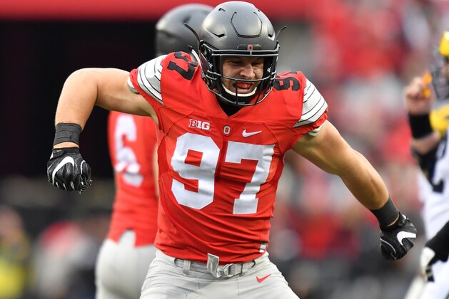 COLUMBUS, OH - NOVEMBER 26:   Nick Bosa #97 of the Ohio State Buckeyes celebrates a sack against the Michigan Wolverines at Ohio Stadium on November 26, 2016 in Columbus, Ohio.  (Photo by Jamie Sabau/Getty Images)