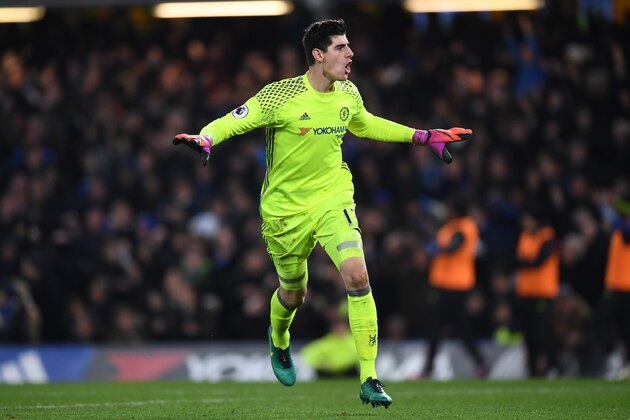 LONDON, ENGLAND - NOVEMBER 26:  Thibaut Courtois of Chelsea celebrates his team's second goal during the Premier League match between Chelsea and Tottenham Hotspur at Stamford Bridge on November 26, 2016 in London, England.  (Photo by Shaun Botterill/Getty Images)