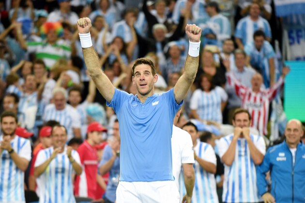Argentina's Juan Martin del Potro celebrates after winning the Davis Cup World Group final singles match between Croatia and Argentina on November 27, 2016 at the Arena hall in Zagreb.  / AFP / -        (Photo credit should read -/AFP/Getty Images)