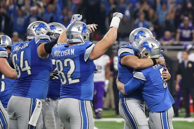 DETROIT, MI - NOVEMBER 24: Matt Prater #5 of the Detroit Lions celebrates with his teammates after kicking the game winning field goal during the annual Thanksgiving day game against the Minnesota Vikings at Ford Field on November 24, 2016 in Detroit, Michigan. Detroit defeated Minnesota 16-13.  (Photo by Leon Halip/Getty Images)