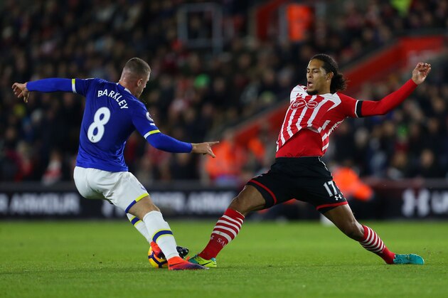 SOUTHAMPTON, ENGLAND - NOVEMBER 27: Ross Barkley of Everton is tackled by Virgil van Dijk of Southampton during the Premier League match between Southampton and Everton at St Mary's Stadium on November 27, 2016 in Southampton, England. (Photo by Catherine Ivill - AMA/Getty Images)