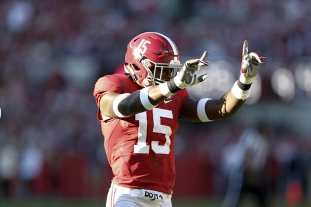 Alabama defensive back Ronnie Harrison celebrates during the first half of the Iron Bowl NCAA college football game, Saturday, Nov. 26, 2016, in Tuscaloosa, Ala. (AP Photo/Brynn Anderson)