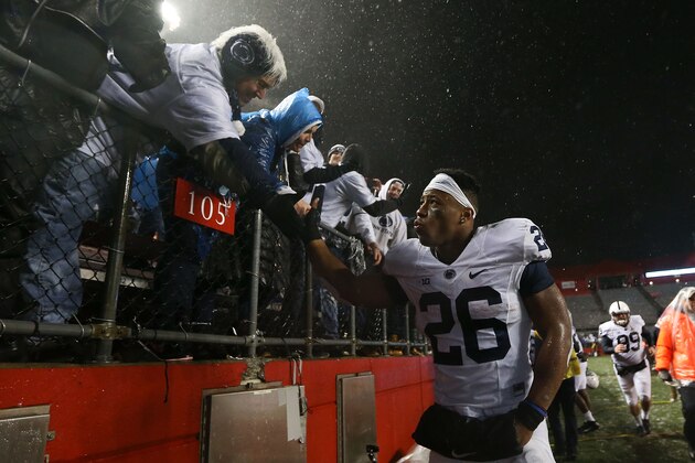 PISCATAWAY, NJ - NOVEMBER 19: Saquon Barkley #26 of the Penn State Nittany Lions celebrates after they defeated the Rutgers Scarlet Knights 39-0 at High Point Solutions Stadium on November 19, 2016 in Piscataway, New Jersey. (Photo by Michael Reaves/Getty Images) PISCATAWAY, NJ - NOVEMBER 19: Saquon Barkley #26 of the Penn State Nittany Lions celebrates after they defeated the Rutgers Scarlet Knights 39-0 at High Point Solutions Stadium on November 19, 2016 in Piscataway, New Jersey. (Photo by Michael Reaves/Getty Images)