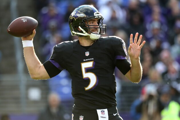 BALTIMORE, MD - NOVEMBER 27: Quarterback Joe Flacco #5 of the Baltimore Ravens passes the ball against the Cincinnati Bengals in the second quarter at M&T Bank Stadium on November 27, 2016 in Baltimore, Maryland. (Photo by Rob Carr/Getty Images)