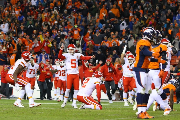 DENVER, CO - NOVEMBER 27:  Kicker Cairo Santos #5 of the Kansas City Chiefs celebrates after making the game-winning field goal in overtime against the Denver Broncos at Sports Authority Field at Mile High on November 27, 2016 in Denver, Colorado. (Photo by Justin Edmonds/Getty Images)