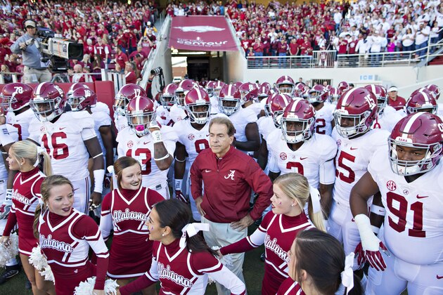 FAYETTEVILLE, AR - OCTOBER 8:  Head Coach Nick Saban of the Alabama Crimson Tide waits with team to run onto the field before a game against the Arkansas Razorbacks at Razorback Stadium on October 8, 2016 in Fayetteville, Arkansas.  The Crimson Tide defeated the Razorbacks 49-30.  (Photo by Wesley Hitt/Getty Images)