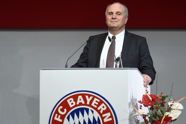 The former and new president of FC Bayern Munich Uli Hoeness reacts after his new election during the shareholders meeting of the German first division Bundesliga team FC Bayern Munich in Munich, southern Germany, on November 25, 2016. 
Hoeness, the man who helped make Bayern Munich one of the world's most powerful clubs, was re-elected on November 25,  nine months after he was released from prison after serving half of a three-and-a-half-year sentence for tax evasion. / AFP / CHRISTOF STACHE        (Photo credit should read CHRISTOF STACHE/AFP/Getty Images)