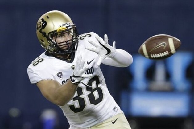 Colorado tight end Chris Hill (38) during the first half of an NCAA college football game against Arizona, Saturday, Nov. 12, 2016, in Tucson, Ariz. (AP Photo/Rick Scuteri)
