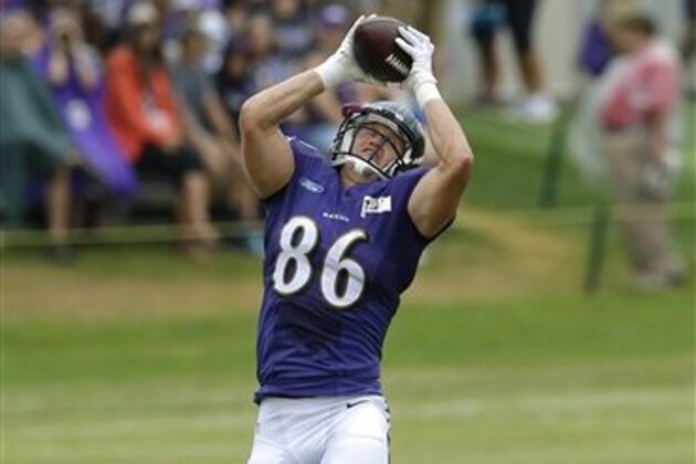 Baltimore Ravens tight end Konrad Reuland makes a catch during NFL football training camp, Monday, Aug. 10, 2015, in Owings Mills, Md. (AP Photo/Patrick Semansky)