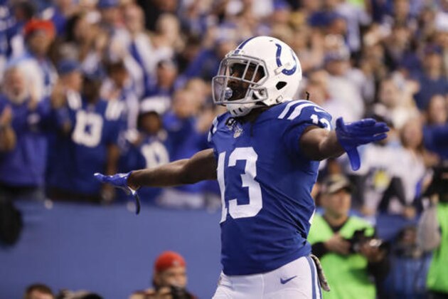 Indianapolis Colts wide receiver T.Y. Hilton (13) celebrates a touchdown against the Tennessee Titans during the first half of an NFL football game in Indianapolis, Sunday, Nov. 20, 2016. (AP Photo/Jeff Roberson)