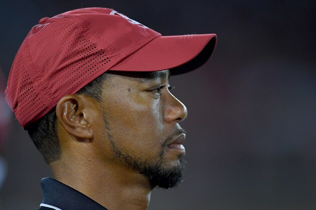 PALO ALTO, CA - OCTOBER 08:  Golfer Tiger Woods looks on from the sidelines during an NCAA football game between the Washington State Cougars and Stanford Cardinal at Stanford Stadium on October 8, 2016 in Palo Alto, California.  (Photo by Thearon W. Henderson/Getty Images)