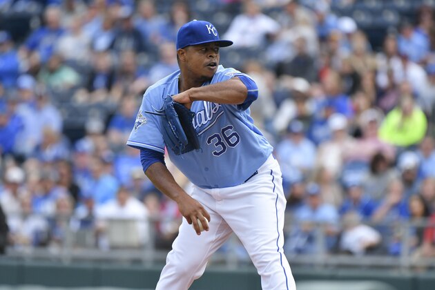 KANSAS CITY, MO - OCTOBER 1: Edinson Volquez #36 of the Kansas City Royals throws against the Cleveland Indians at Kauffman Stadium on October 1, 2016 in Kansas City, Missouri. (Photo by Ed Zurga/Getty Images)