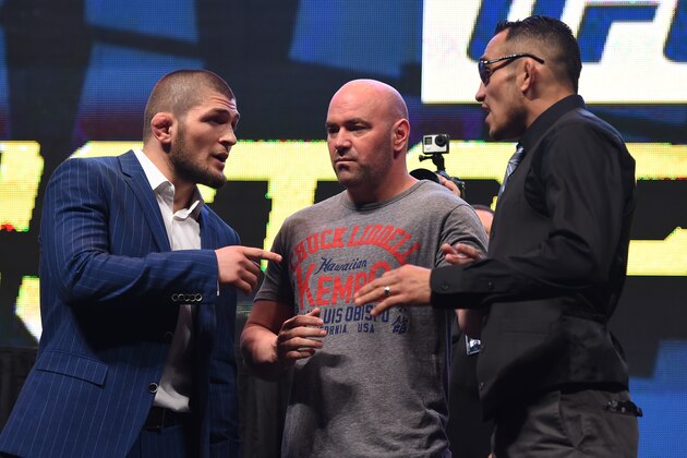LAS VEGAS, NV - MARCH 04:  (L-R) Opponents Khabib Nurmagomedov and Tony Ferguson face off during the UFC Unstoppable launch press conference at the MGM Grand Garden Arena on March 4, 2016 in Las Vegas, Nevada. (Photo by Josh Hedges/Zuffa LLC/Zuffa LLC via Getty Images)