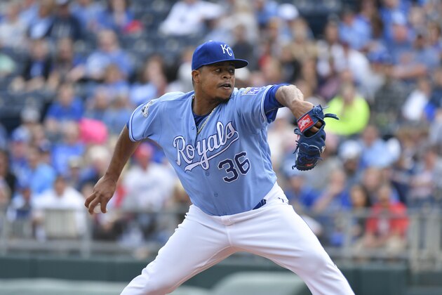 KANSAS CITY, MO - OCTOBER 1: Edinson Volquez #36 of the Kansas City Royals throws against the Cleveland Indians at Kauffman Stadium on October 1, 2016 in Kansas City, Missouri. (Photo by Ed Zurga/Getty Images)