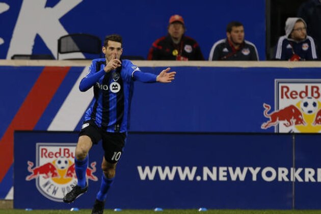 Montreal Impact midfielder Ignacio Piatti (10) reacts after scoring his first of two goals against the New York Red Bulls in the second half during an MLS Eastern Conference Semifinal soccer match at Red Bull Arena in Harrison, N.J., Sunday, Nov. 6, 2016. The Impact defeated the Red Bulls 2-1 advancing to the Eastern Conference finals. (AP Photo/Rich Schultz)