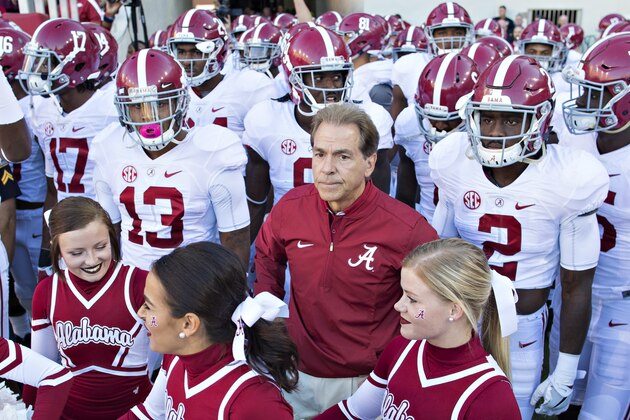 FAYETTEVILLE, AR - OCTOBER 8:  Head Coach Nick Saban of the Alabama Crimson Tide waits with team to run onto the field before a game against the Arkansas Razorbacks at Razorback Stadium on October 8, 2016 in Fayetteville, Arkansas.  The Crimson Tide defeated the Razorbacks 49-30.  (Photo by Wesley Hitt/Getty Images)