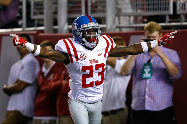 TUSCALOOSA, AL - SEPTEMBER 19:  Carlos Davis #23 of the Mississippi Rebels reacts after recovering a fumbled kickoff return by the Alabama Crimson Tide at Bryant-Denny Stadium on September 19, 2015 in Tuscaloosa, Alabama.  (Photo by Kevin C. Cox/Getty Images)
