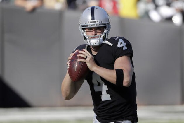 Oakland Raiders quarterback Derek Carr (4) warms up before an NFL football game against the Carolina Panthers in Oakland, Calif., Sunday, Nov. 27, 2016. (AP Photo/Marcio Jose Sanchez)