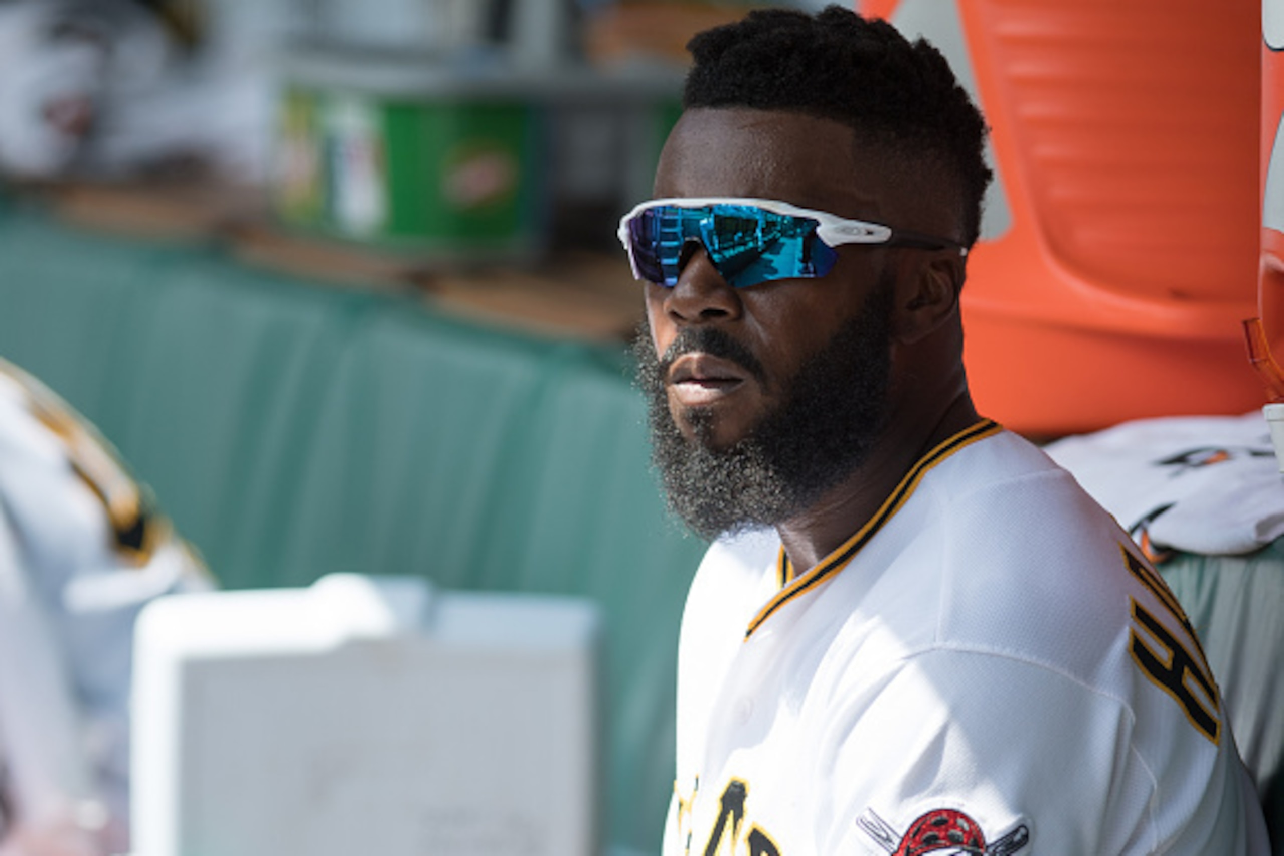 PITTSBURGH, PA - AUGUST 24:  Josh Harrison #5 of the Pittsburgh Pirates sits in the dugout during the game against the Houston Astros at PNC Park on August 24, 2016 in Pittsburgh, Pennsylvania. (Photo by Justin Berl/Getty Images)