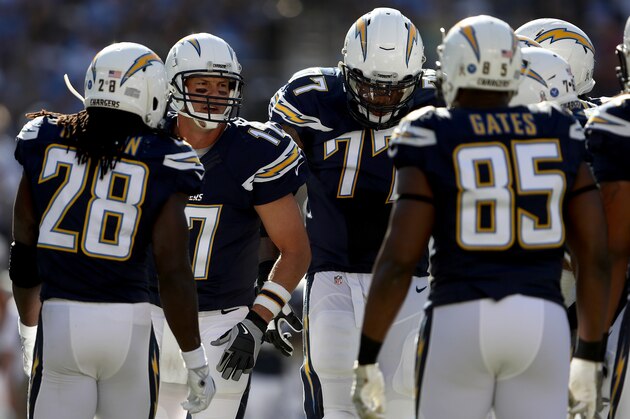 SAN DIEGO, CA - NOVEMBER 13:  Philip Rivers #17,  Melvin Gordon #28,  Antonio Gates #85, and  King Dunlap #77 of the San Diego Chargers huddle during a game against the Miami Dolphins at Qualcomm Stadium on November 13, 2016 in San Diego, California.  (Photo by Sean M. Haffey/Getty Images)
