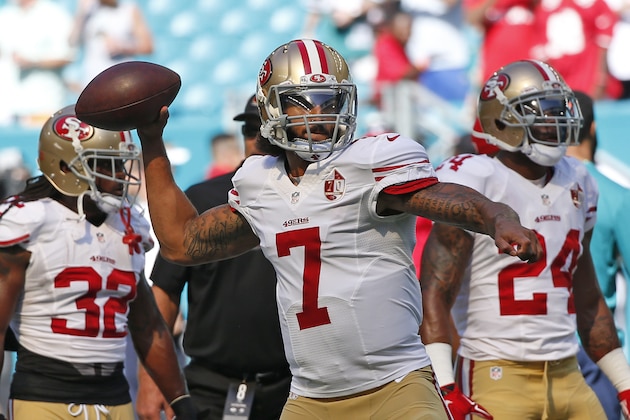 MIAMI GARDENS, FL - NOVEMBER 27: Colin Kaepernick #7 of the San Francisco 49ers throws the ball prior to the game against the Miami Dolphins on November 27, 2016 at Hard Rock Stadium in Miami Gardens, Florida. The Dolphins defeated the 49ers 31-24. (Photo by Joel Auerbach/Getty Images)