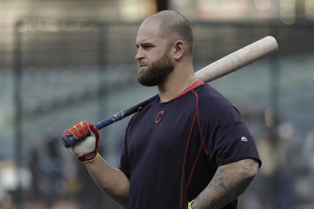Cleveland Indians first baseman Mike Napoli watches during batting practice before Game 7 of the Major League Baseball World Series against the Chicago Cubs Wednesday, Nov. 2, 2016, in Cleveland. (AP Photo/Matt Slocum)