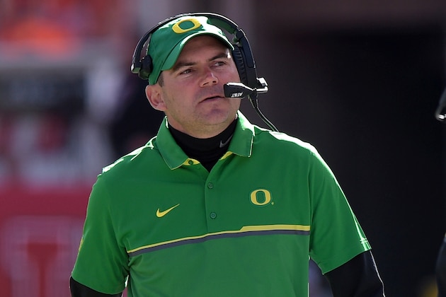 SALT LAKE CITY, UT - NOVEMBER 19: Head coach Mark Helfrich of the Oregon Ducks looks on during their game against the Utah Utes at Rice-Eccles Stadium on November 19, 2016 in Salt Lake City, Utah. (Photo by Gene Sweeney Jr/Getty Images)