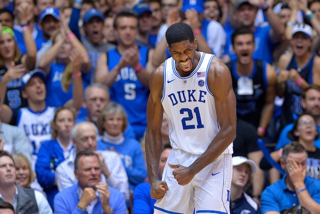 DURHAM, NC - NOVEMBER 29:  Amile Jefferson #21 of the Duke Blue Devils reacts during a win against the Michigan State Spartans at Cameron Indoor Stadium on November 29, 2016 in Durham, North Carolina. Duke won 78-69.  (Photo by Grant Halverson/Getty Images)