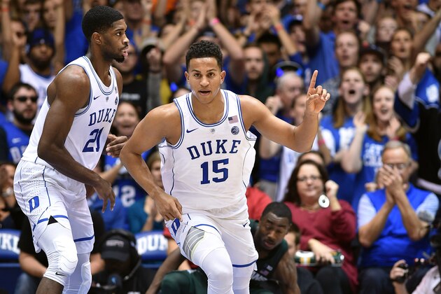DURHAM, NC - NOVEMBER 29: Frank Jackson #15 of the Duke Blue Devils reacts following a basket against the Michigan State Spartans at Cameron Indoor Stadium on November 29, 2016 in Durham, North Carolina. (Photo by Lance King/Getty Images)