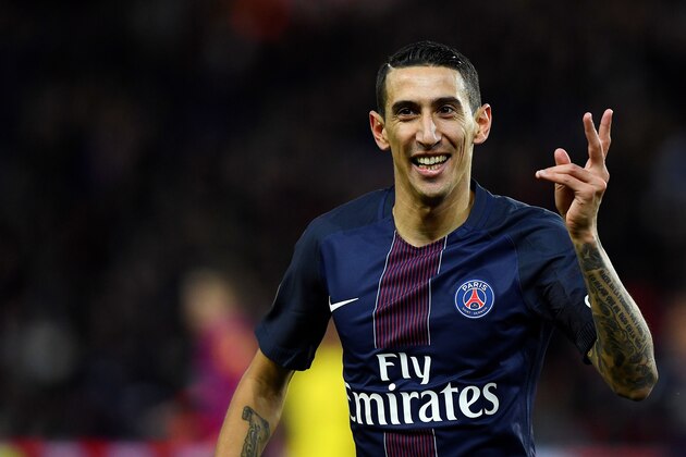 Paris Saint-Germain's Argentinian forward Angel Di Maria celebrates after he scored a goal during the French L1 football match between Paris Saint-Germain and Nantes at the Parc des Princes stadium in Paris on November 19, 2016.  / AFP / FRANCK FIFE        (Photo credit should read FRANCK FIFE/AFP/Getty Images)