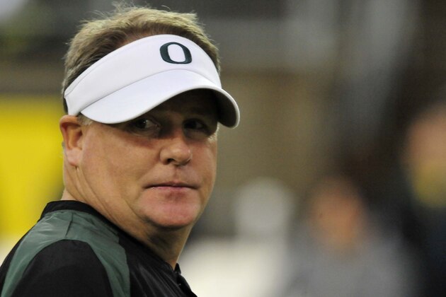 EUGENE, OR - NOVEMBER 17: Head coach Chip Kelly of the Oregon Ducks looks on as his team warms up before the game against the Stanford Cardinal at Autzen Stadium on November 17, 2012 in Eugene, Oregon. (Photo by Steve Dykes/Getty Images)