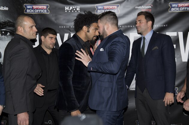 British boxers David Haye (L) and Tony Bellew go head to head after a press conference on November 30, 2016 in London to promote their upcoming heavyweight fight due to take place on March 4, 2017.  / AFP / Justin TALLIS        (Photo credit should read JUSTIN TALLIS/AFP/Getty Images)