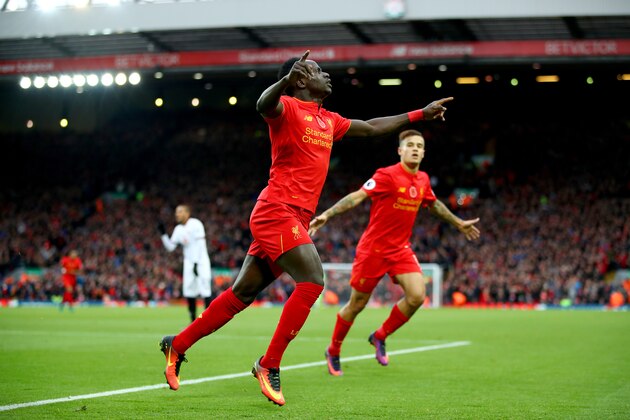 LIVERPOOL, ENGLAND - NOVEMBER 06:  Sadio Mane of Liverpool celebrates scoring his sides first goal during the Premier League match between Liverpool and Watford at Anfield on November 6, 2016 in Liverpool, England.  (Photo by Clive Brunskill/Getty Images)