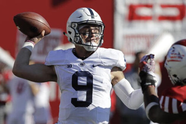 Penn State quarterback Trace McSorley throws during the first half of an NCAA college football game against Indiana, Saturday, Nov. 12, 2016, in Bloomington, Ind. (AP Photo/Darron Cummings)