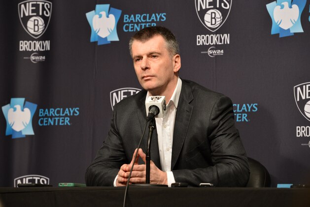 BROOKLYN, NY - JANUARY 11:  Brooklyn Nets Owner Mikhail Prokhorov speaks with the media during a press conference at Barclays Center on January 11, 2016 in Brooklyn, New York. NOTE TO USER: User expressly acknowledges and agrees that, by downloading and or using this photograph, User is consenting to the terms and conditions of the Getty Images License Agreement. Mandatory Copyright Notice: Copyright 2016 NBAE  (Photo by David Dow/NBAE via Getty Images)